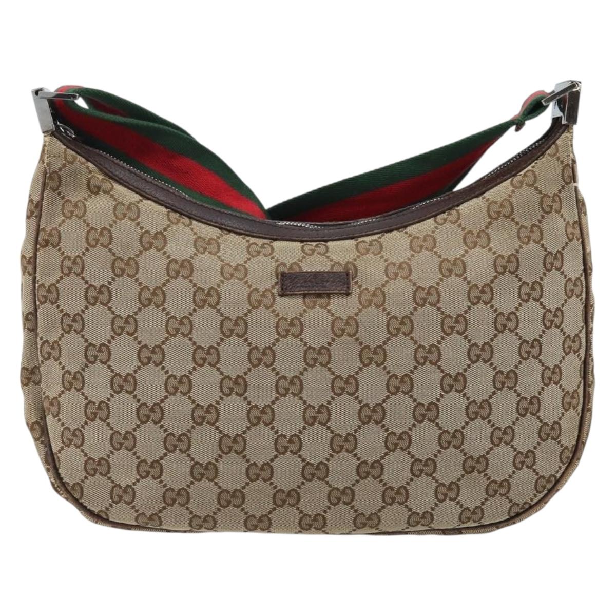 GUCCI GG Canvas Web Sherry Line Shoulder Bag Beige Silver 122790 Auth mr2213