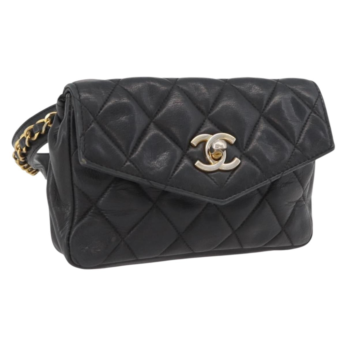 CHANEL Matelasse Waist bag Lamb Skin Black Gold CC Auth mr2227