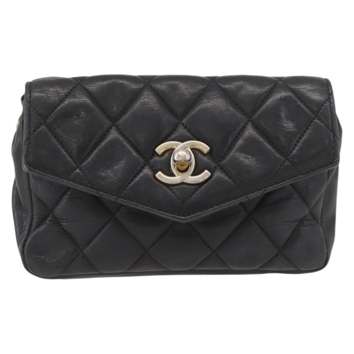 CHANEL Matelasse Waist bag Lamb Skin Black Gold CC Auth mr2227
