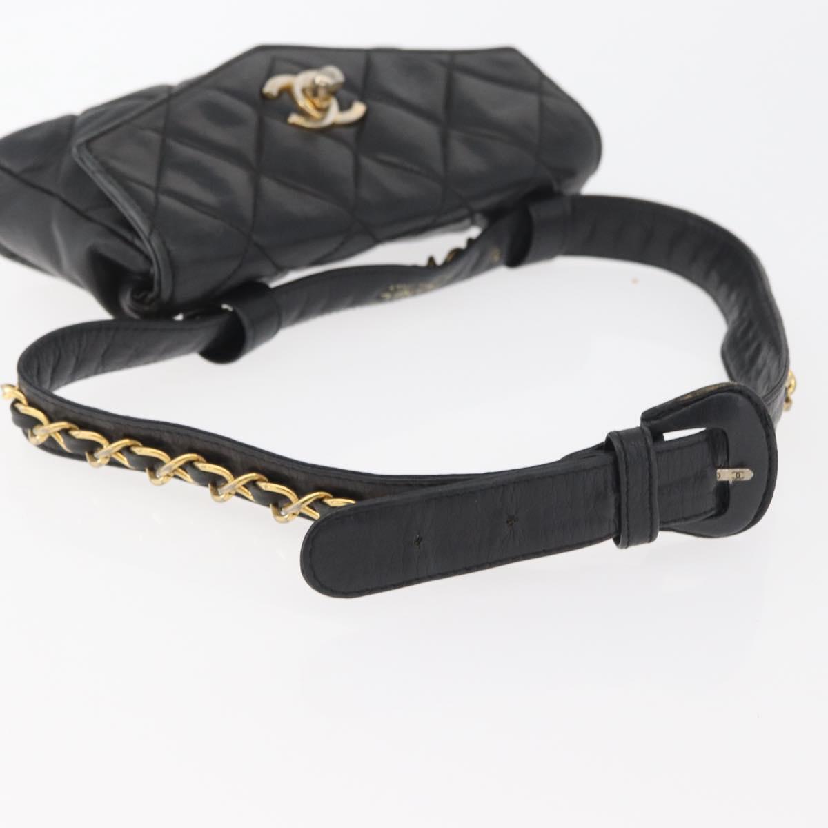 CHANEL Matelasse Waist bag Lamb Skin Black Gold CC Auth mr2227