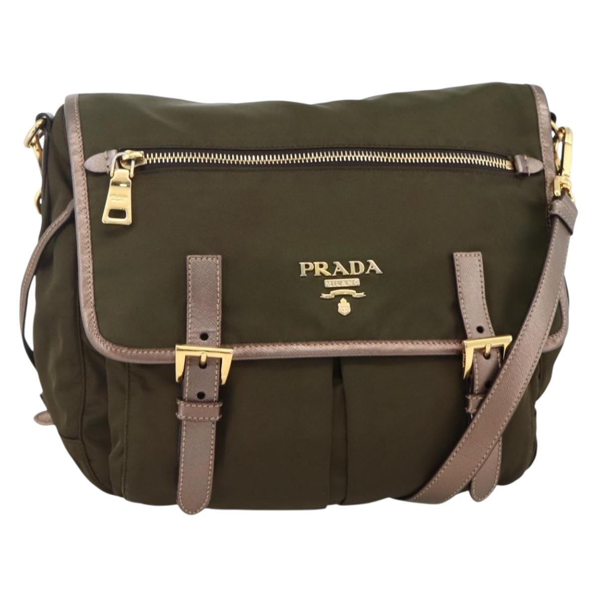 PRADA Shoulder Bag Nylon Khaki Gold Auth mr2228