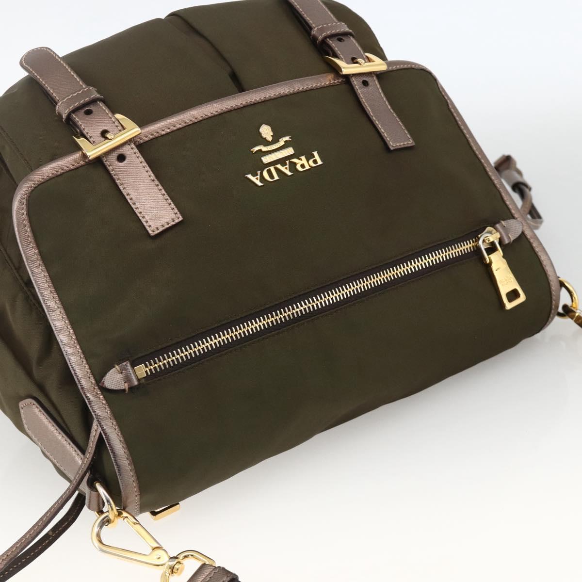 PRADA Shoulder Bag Nylon Khaki Gold Auth mr2228