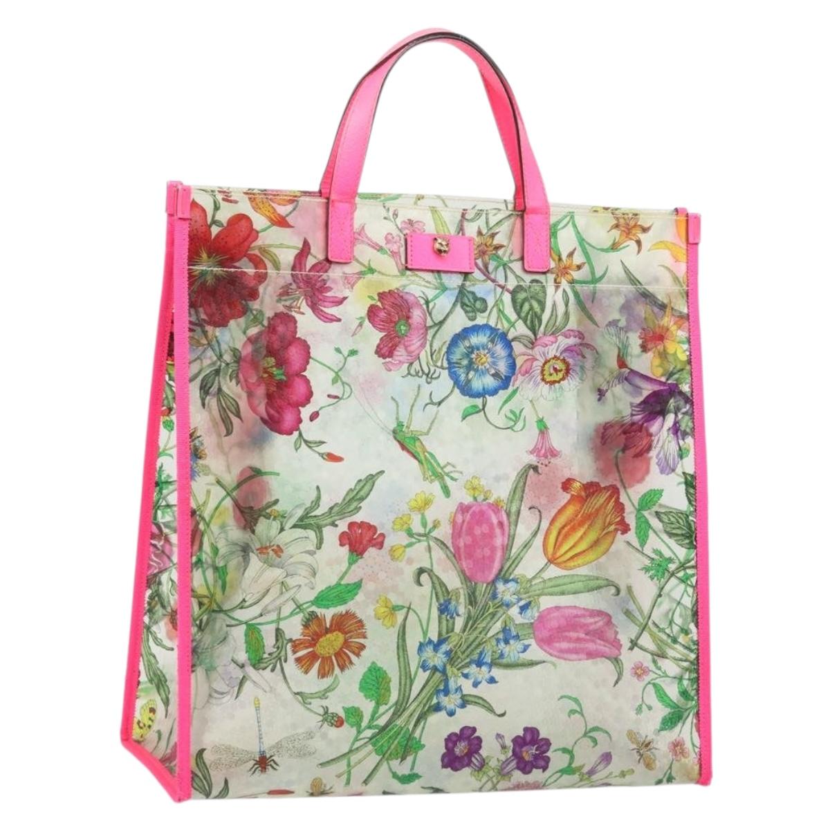 GUCCI Flora Pattern Hand Bag Vinyl Clear Pink 548713 Auth mr2229