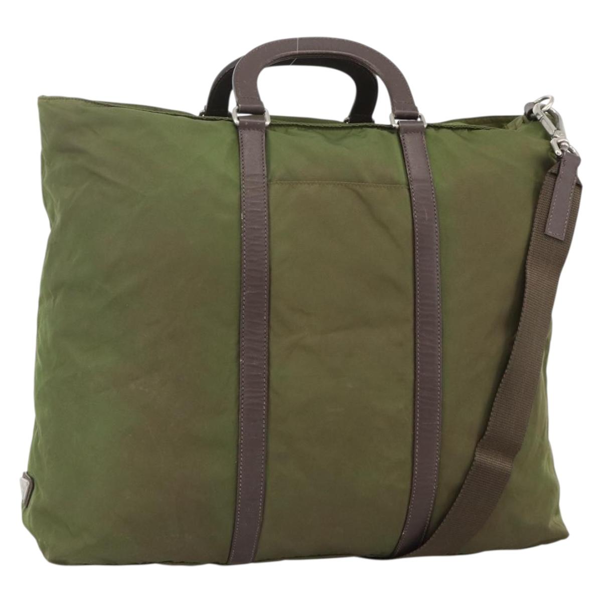 PRADA Hand Bag Nylon 2way Khaki Silver Auth mr2230