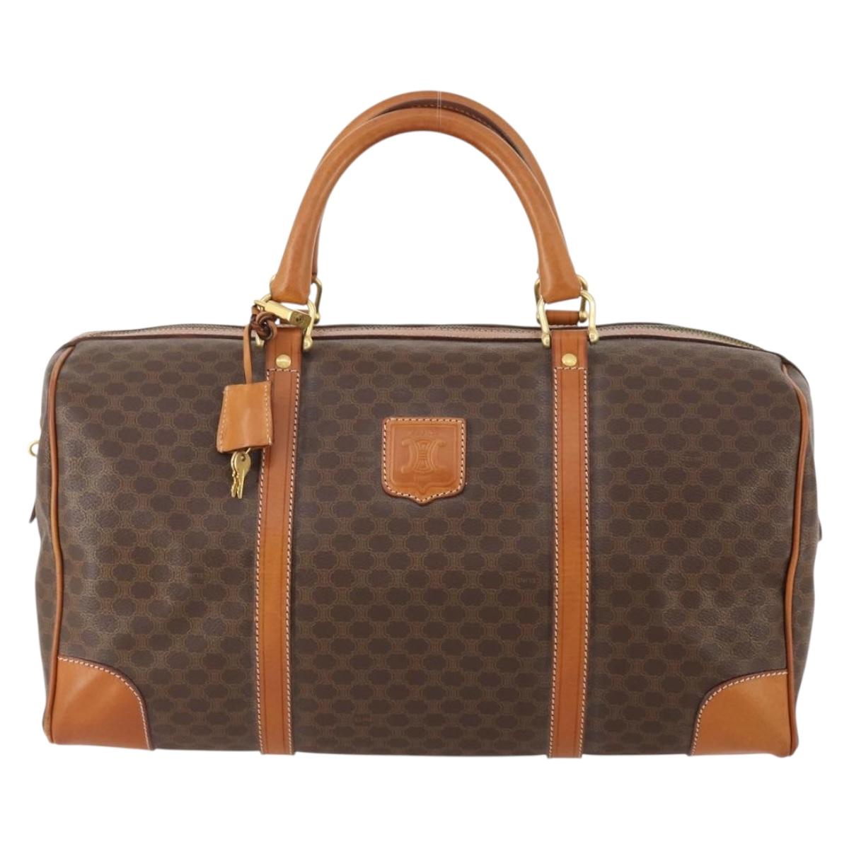 CELINE Macadam Canvas Boston Bag PVC Leather Brown Gold Auth mr2241