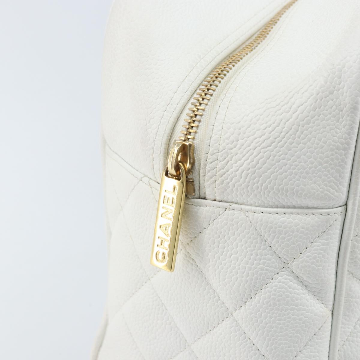 CHANEL Matelasse Boston Bag Caviar Skin White Gold CC Auth mr2276
