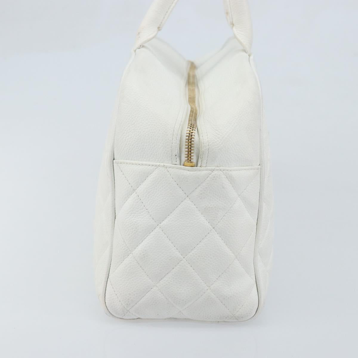 CHANEL Matelasse Boston Bag Caviar Skin White Gold CC Auth mr2276