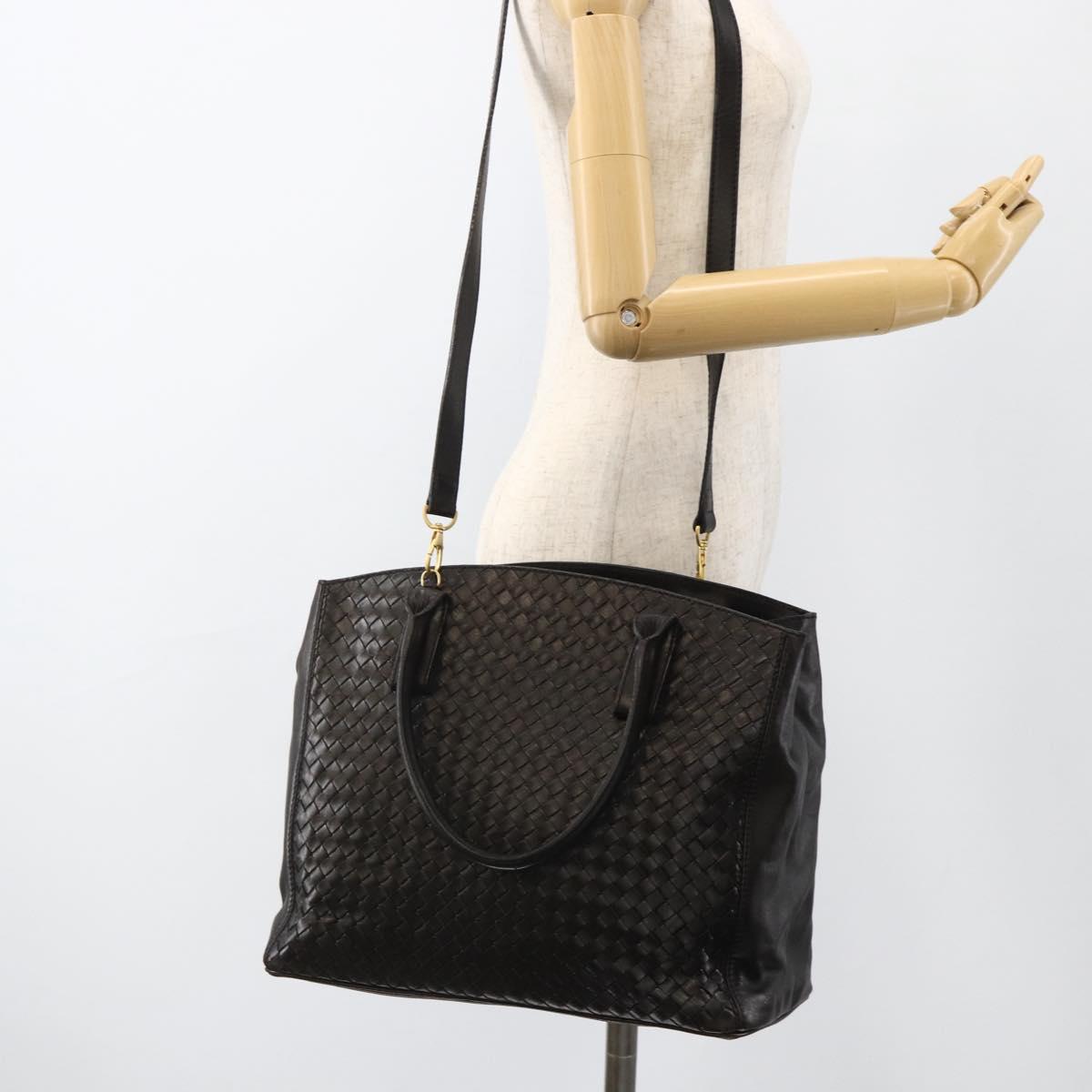 BOTTEGA VENETA INTRECCIATO Hand Bag Leather 2way Black Gold Auth mr2284