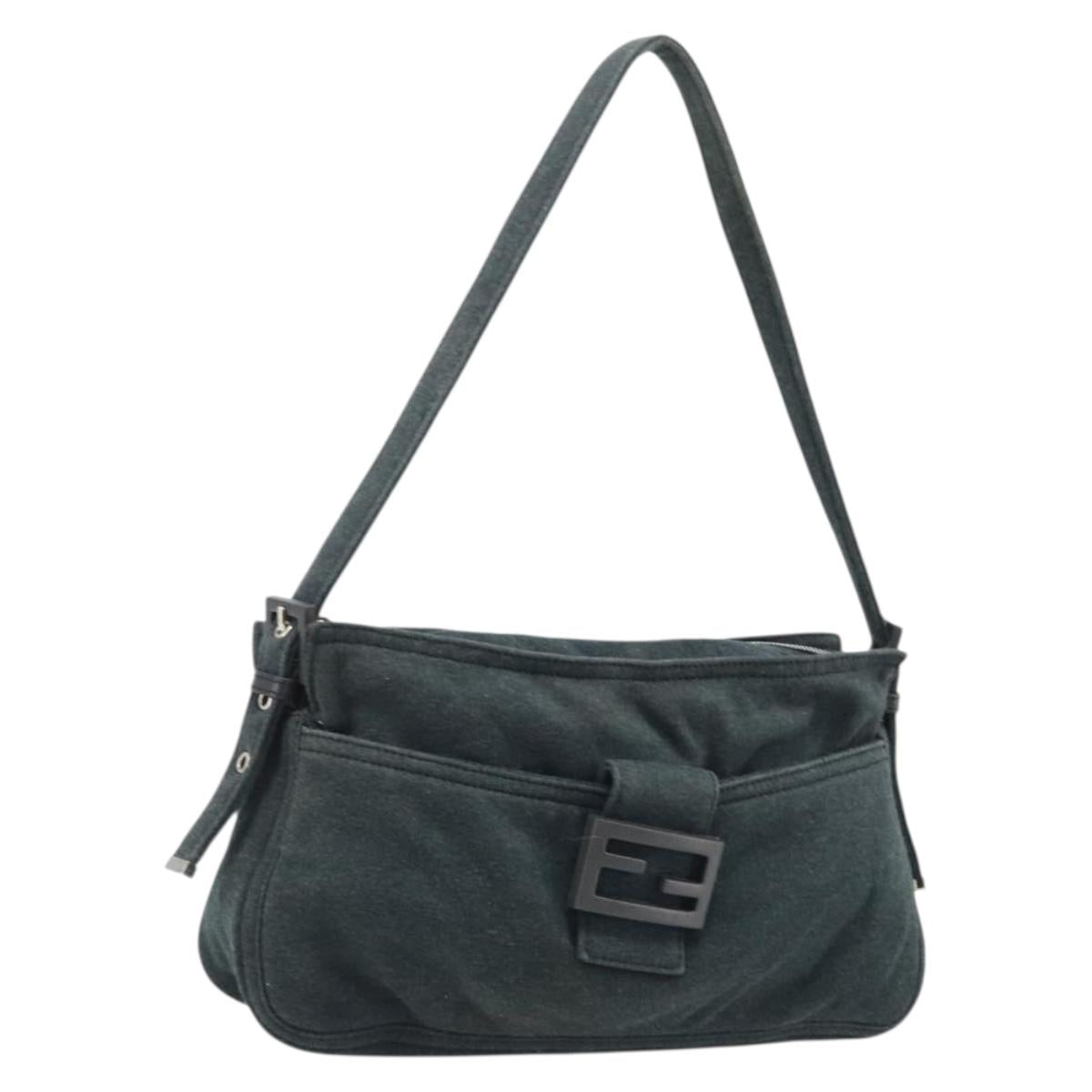 FENDI Mamma Baguette Hand Bag cotton Gray Silver Auth mr2293