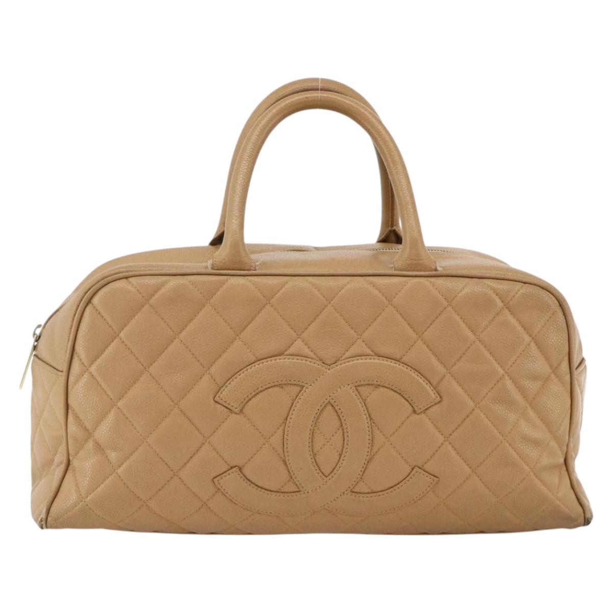 CHANEL Matelasse Boston Bag Caviar Skin Beige Gold CC Auth mr2295