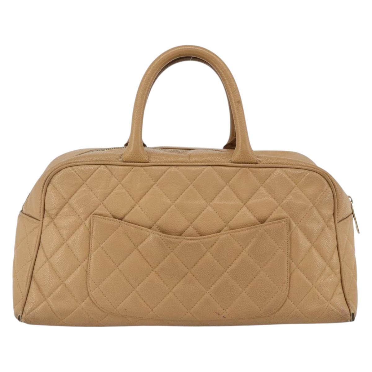 CHANEL Matelasse Boston Bag Caviar Skin Beige Gold CC Auth mr2295