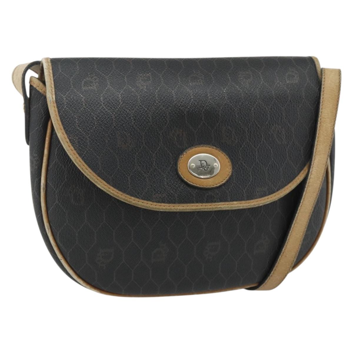 Christian Dior Honeycomb Canvas Shoulder Bag PVC Black Gold Auth mr2296