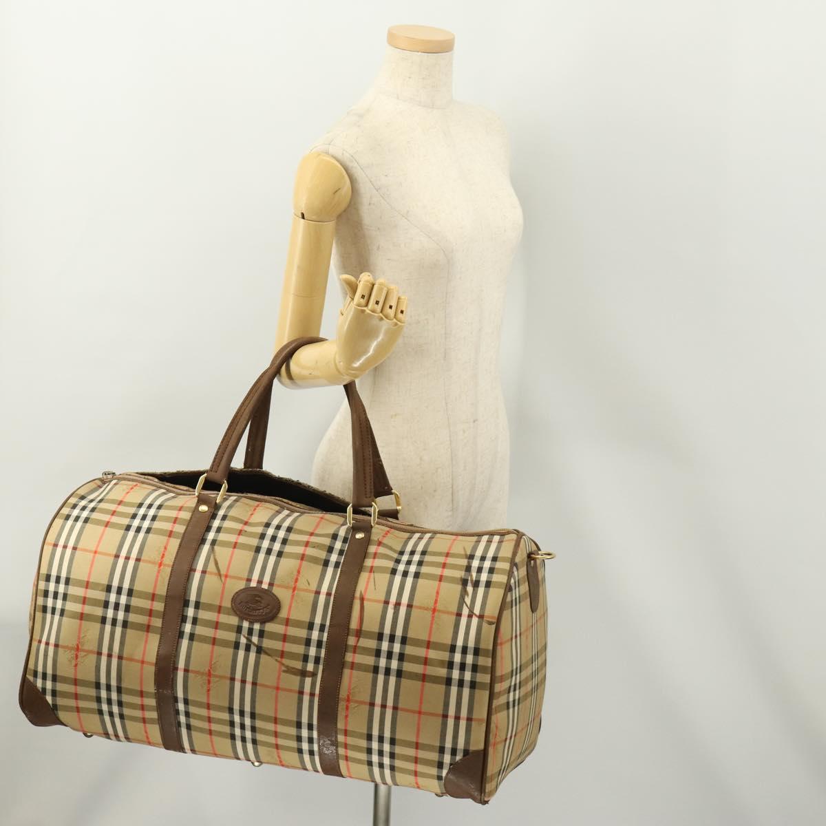 Burberrys Nova Check Boston Bag Canvas Beige Gold Auth mr2302