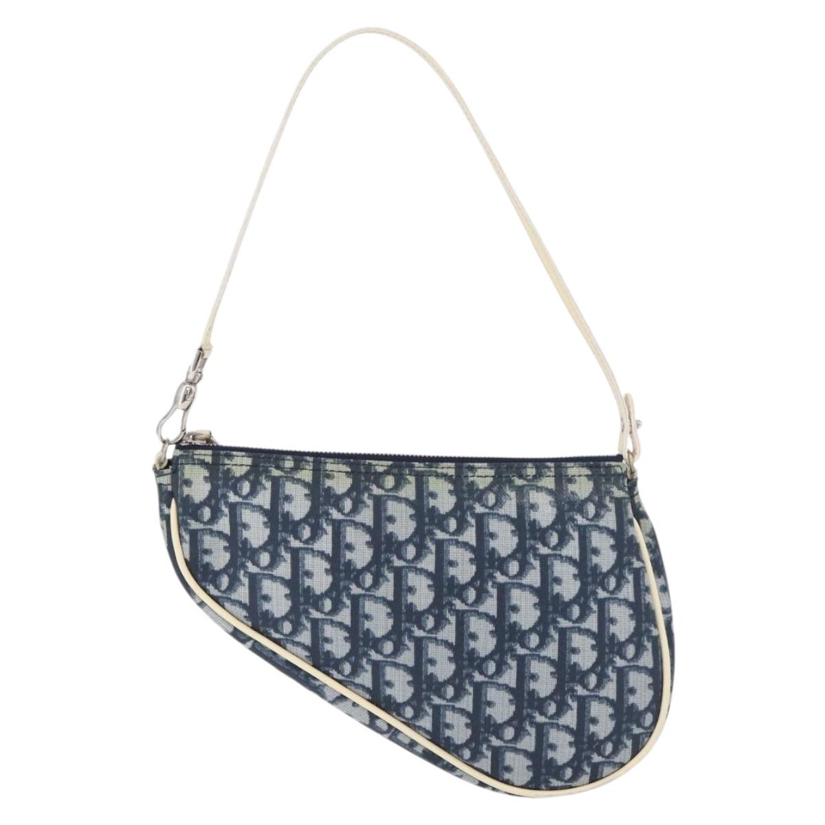 Christian Dior Trotter Canvas Saddle Pouch Hand Bag PVC Blue Silver Auth mr2313A