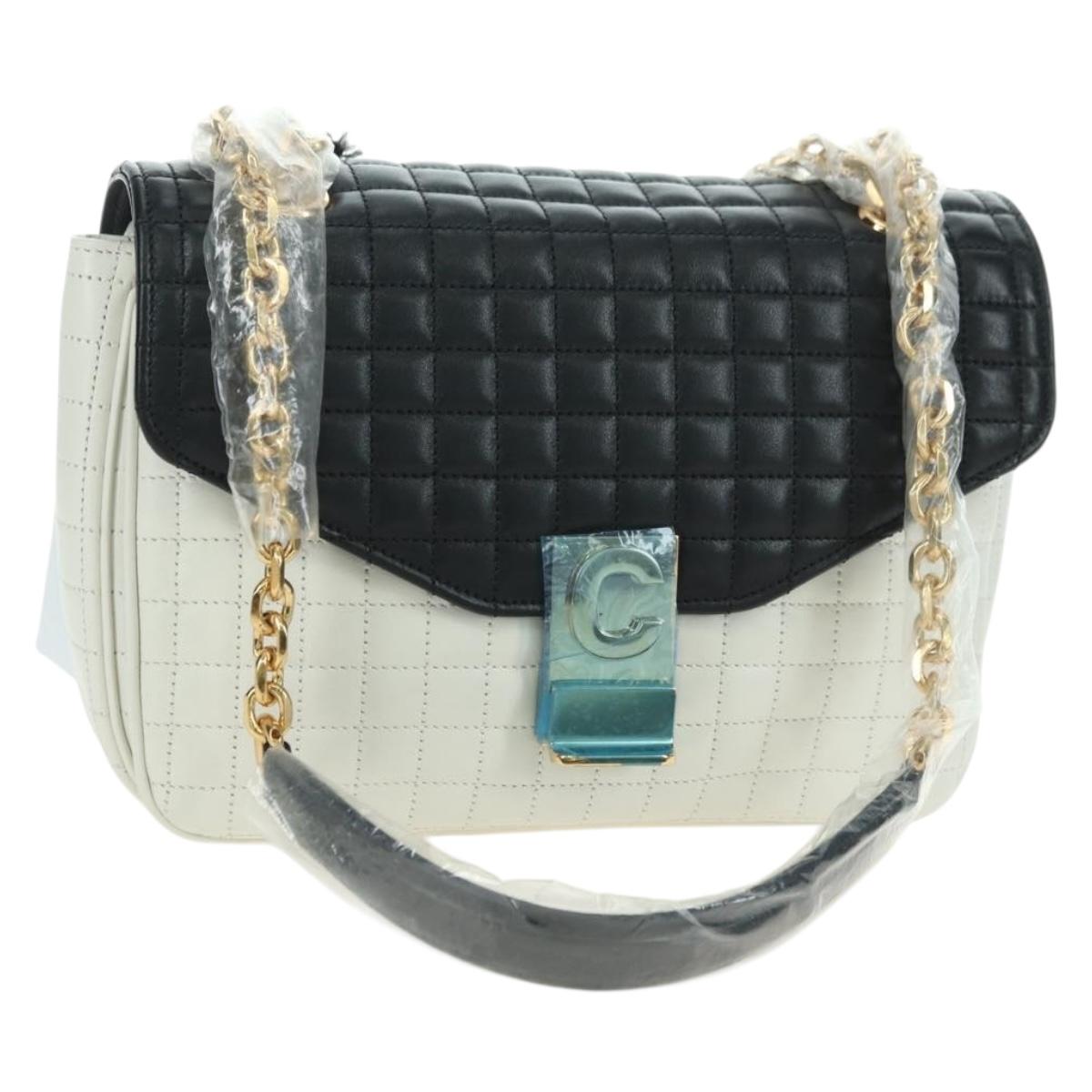 CELINE C Medium Chain Shoulder Bag Leather Black Gold Auth mr2314SAV