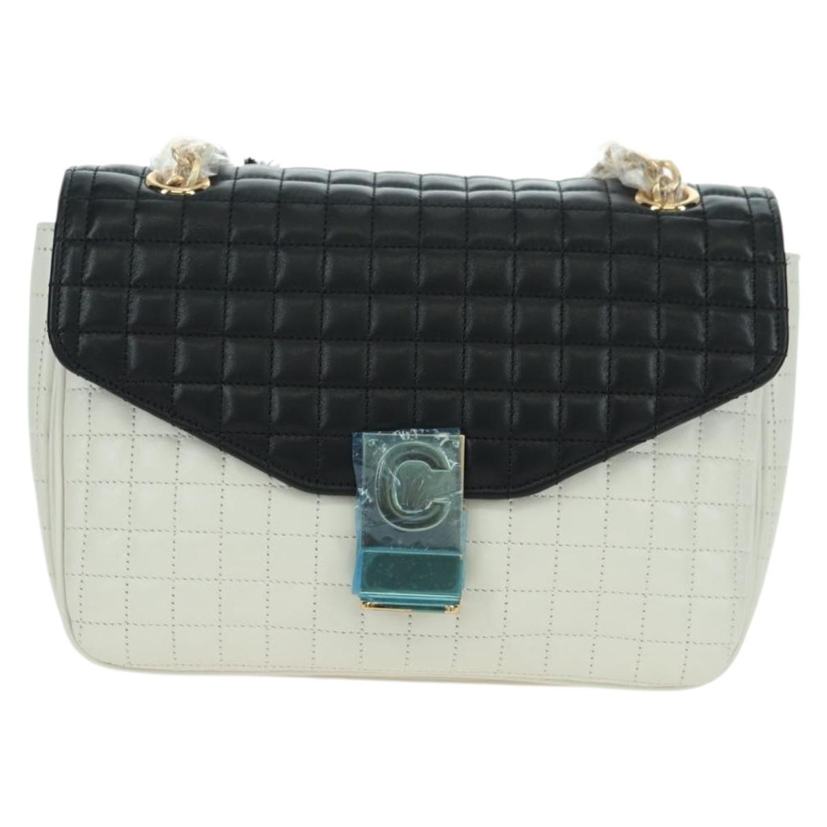 CELINE C Medium Chain Shoulder Bag Leather Black Gold Auth mr2314SAV