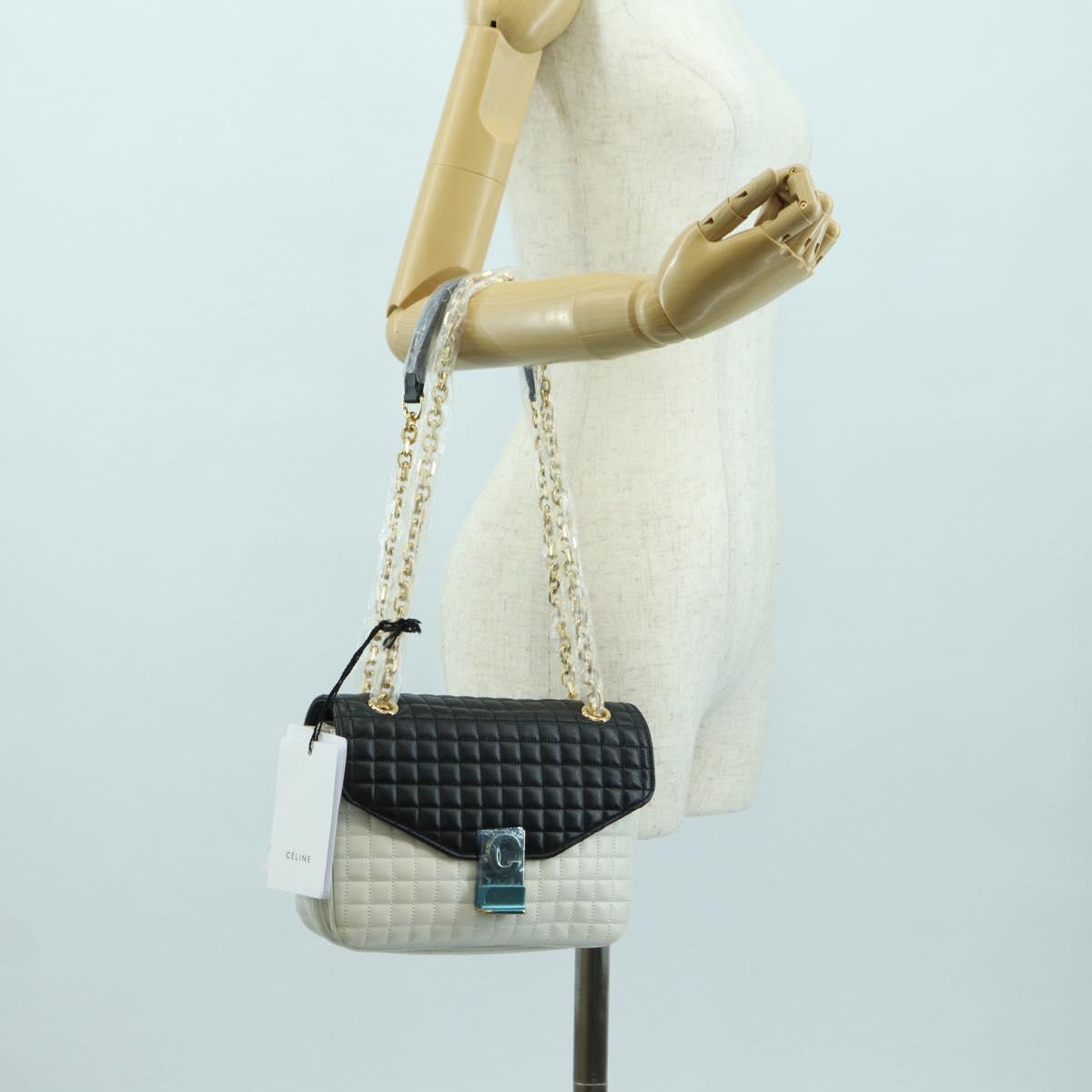 CELINE C Medium Chain Shoulder Bag Leather Black Gold Auth mr2314SAV