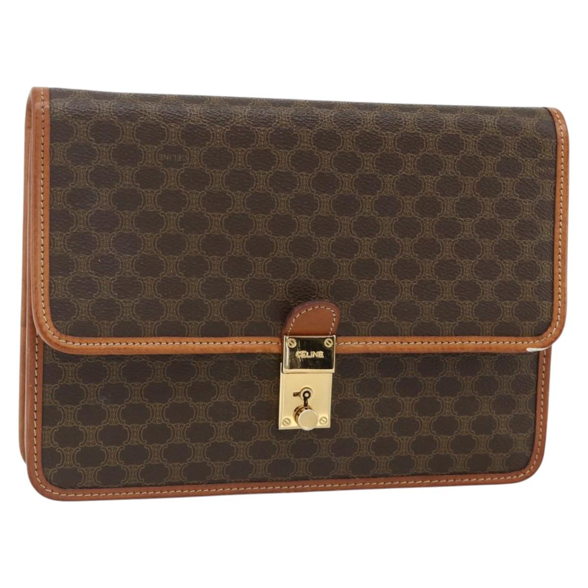 CELINE Macadam Canvas Clutch Bag PVC Leather Brown Gold Auth mr2324