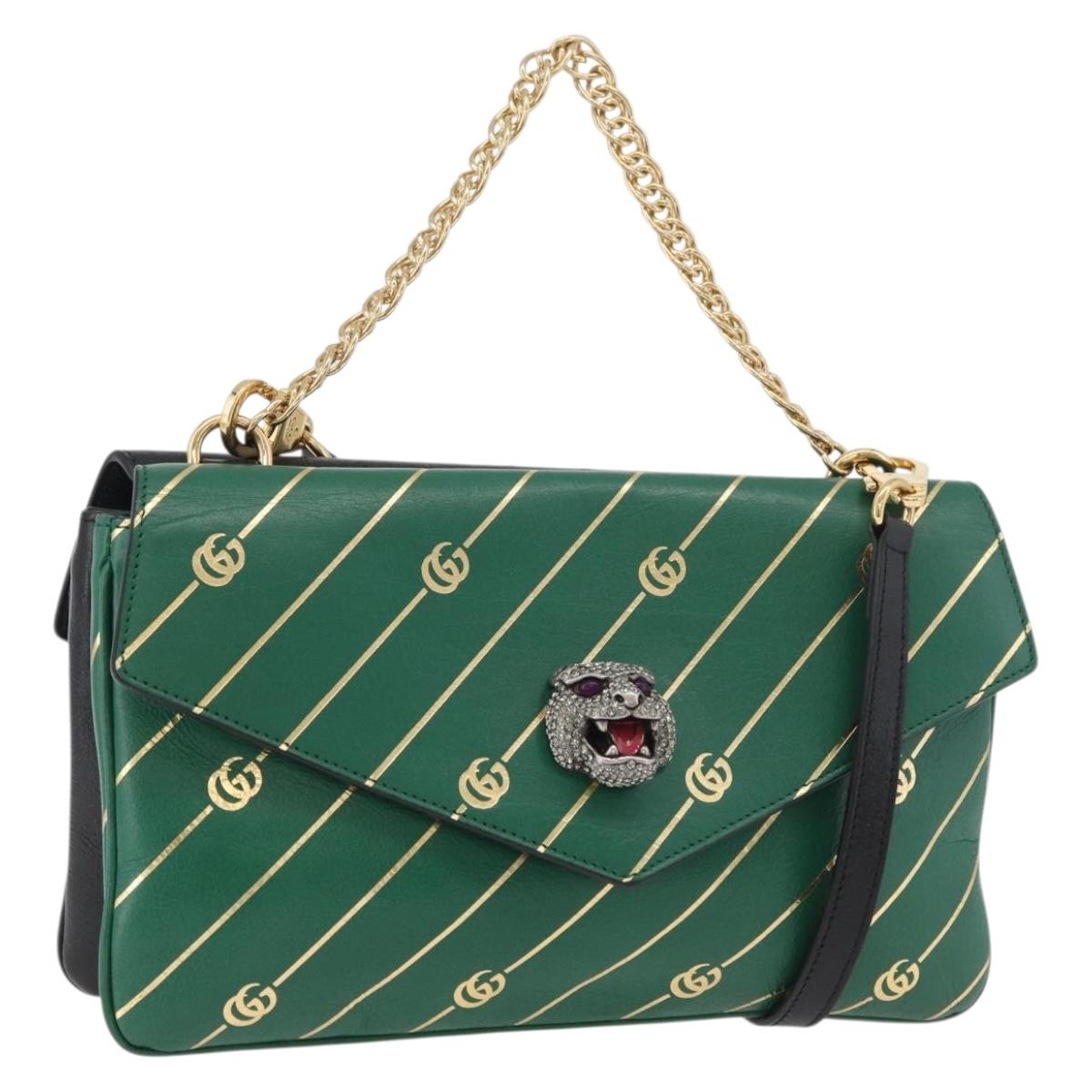GUCCI Cat Double Face Shoulder Bag Leather Green Gold 524822 Auth mr2360V