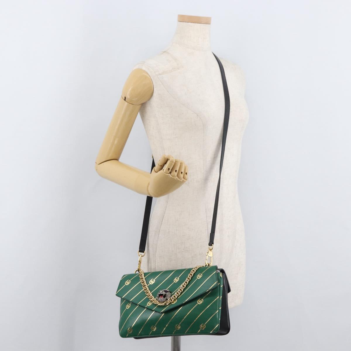 GUCCI Cat Double Face Shoulder Bag Leather Green Gold 524822 Auth mr2360V
