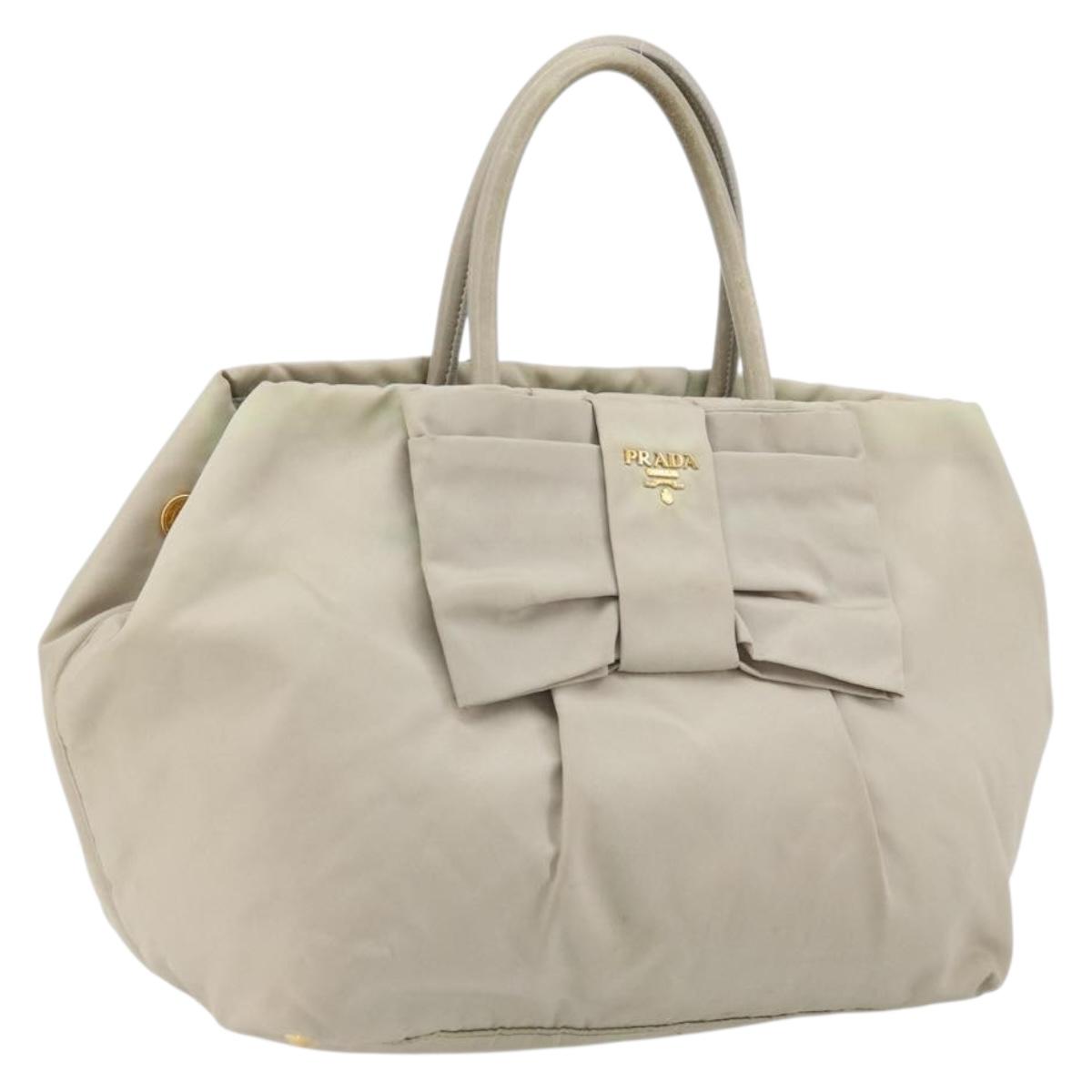 PRADA Ribbon Hand Bag Nylon Beige Gold Auth mr2363