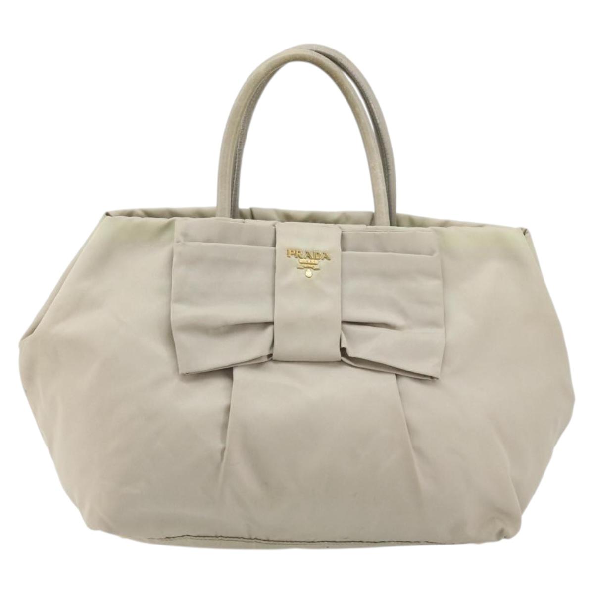 PRADA Ribbon Hand Bag Nylon Beige Gold Auth mr2363