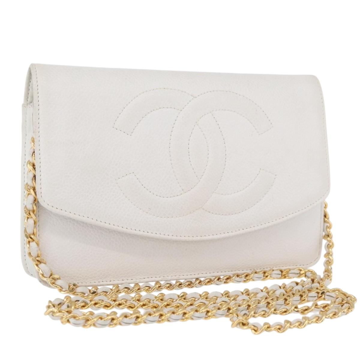 CHANEL Chain Shoulder Wallet Bag Caviar Skin White Gold CC Auth mr2378A