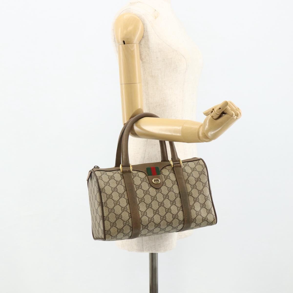 GUCCI GG Supreme Web Sherry Line Boston Bag PVC Beige Gold Auth mr2389