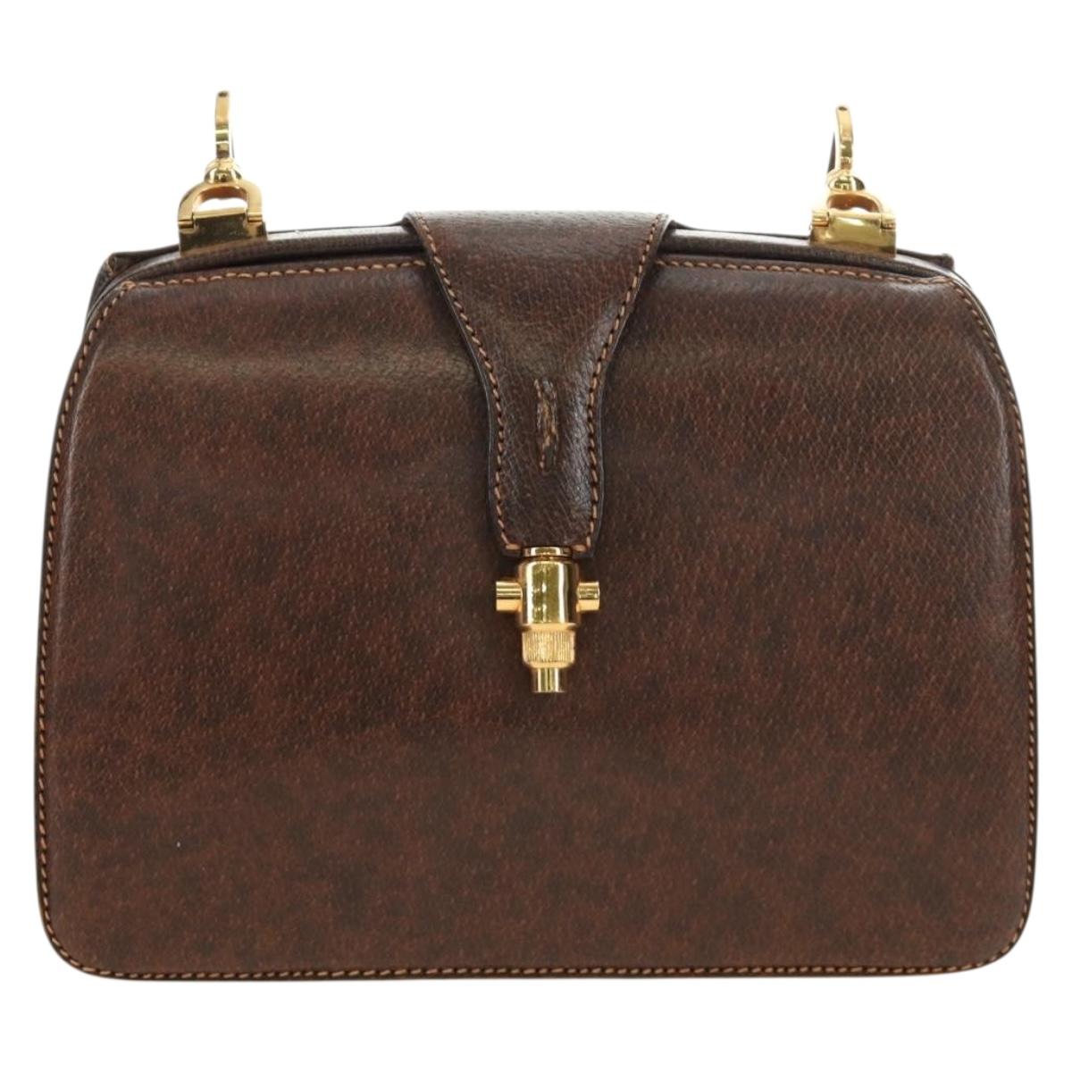 GUCCI Hand Bag Leather Brown Gold Auth mr2390