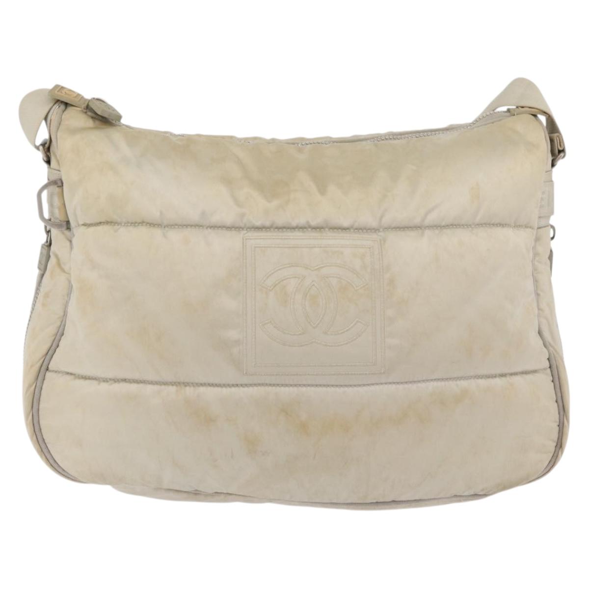 CHANEL Shoulder Bag Nylon Beige Silver CC Auth mr2413