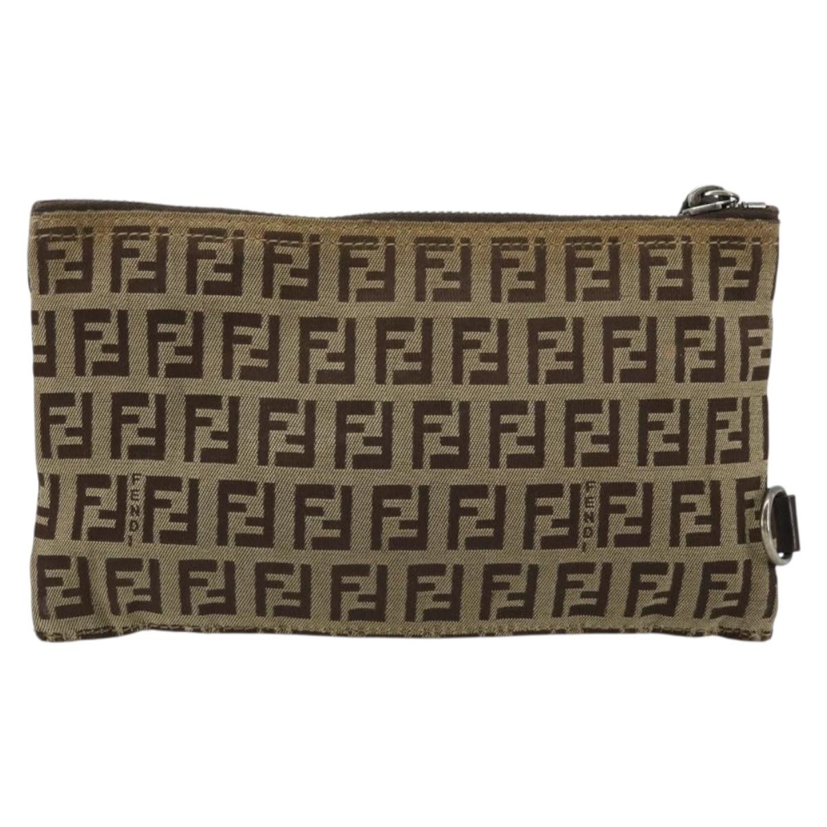 FENDI Zucchino Canvas Pouch Brown Silver Auth mr2431