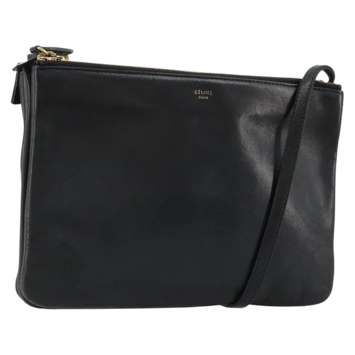 CELINE Trio Shoulder Bag Leather Black Gold Auth mr2435