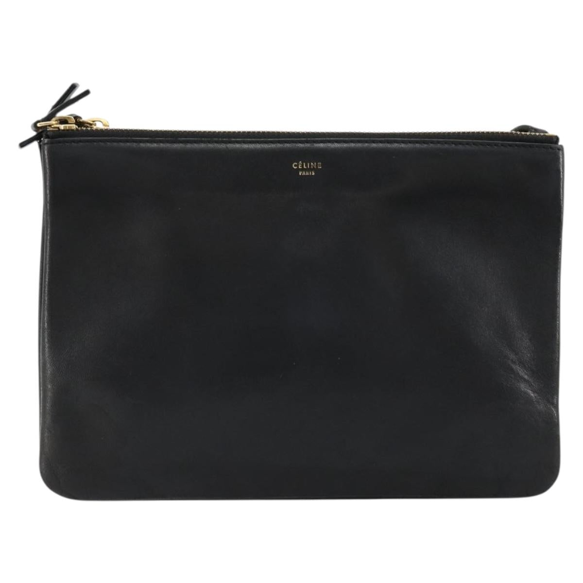 CELINE Trio Shoulder Bag Leather Black Gold Auth mr2435