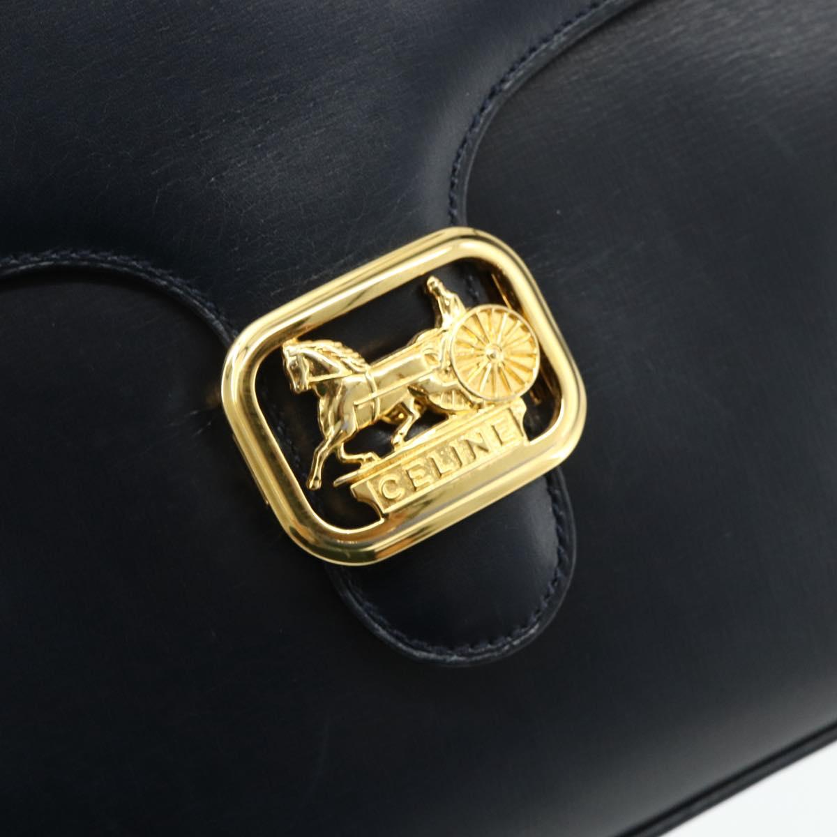 CELINE Hand Bag Leather Navy Gold Auth mr2438