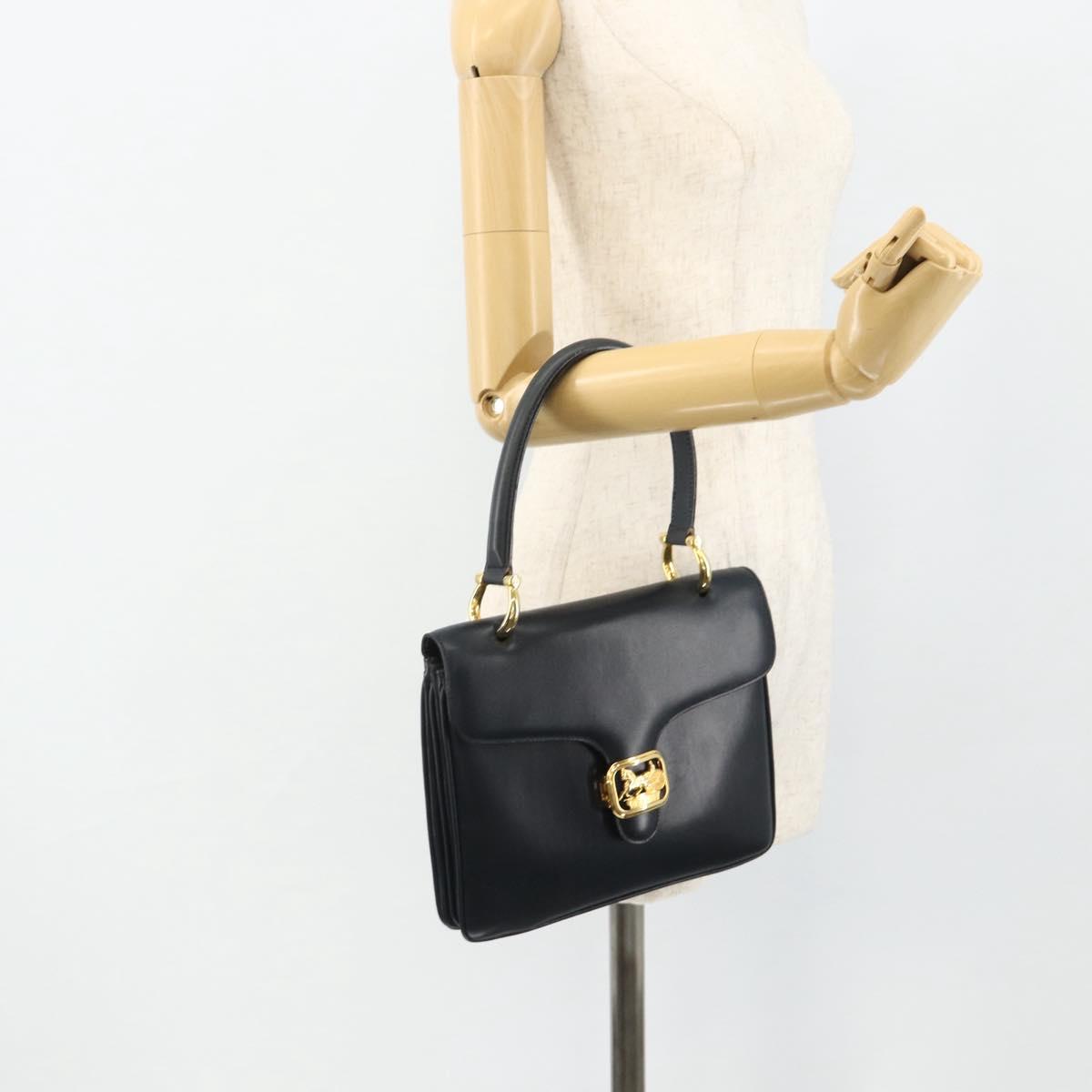 CELINE Hand Bag Leather Navy Gold Auth mr2438