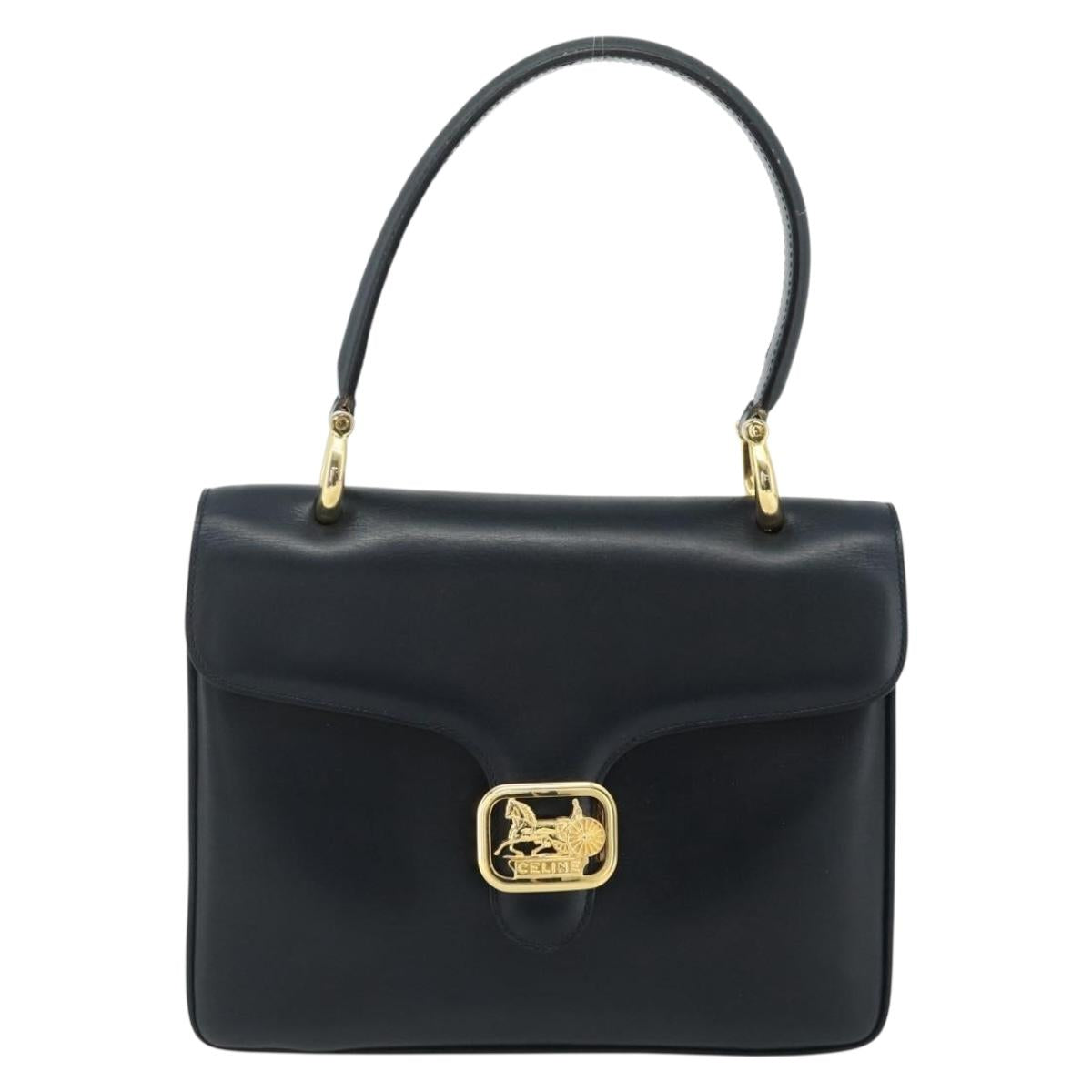CELINE Hand Bag Leather Navy Gold Auth mr2438
