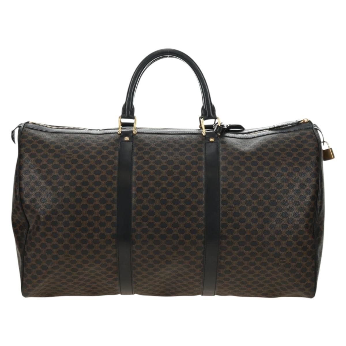 CELINE Macadam Canvas Boston Bag PVC Leather Black Gold Auth mr2439