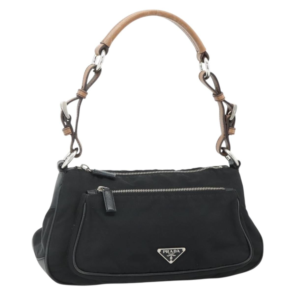 PRADA Shoulder Bag Nylon Leather Black Silver Auth mr2443A