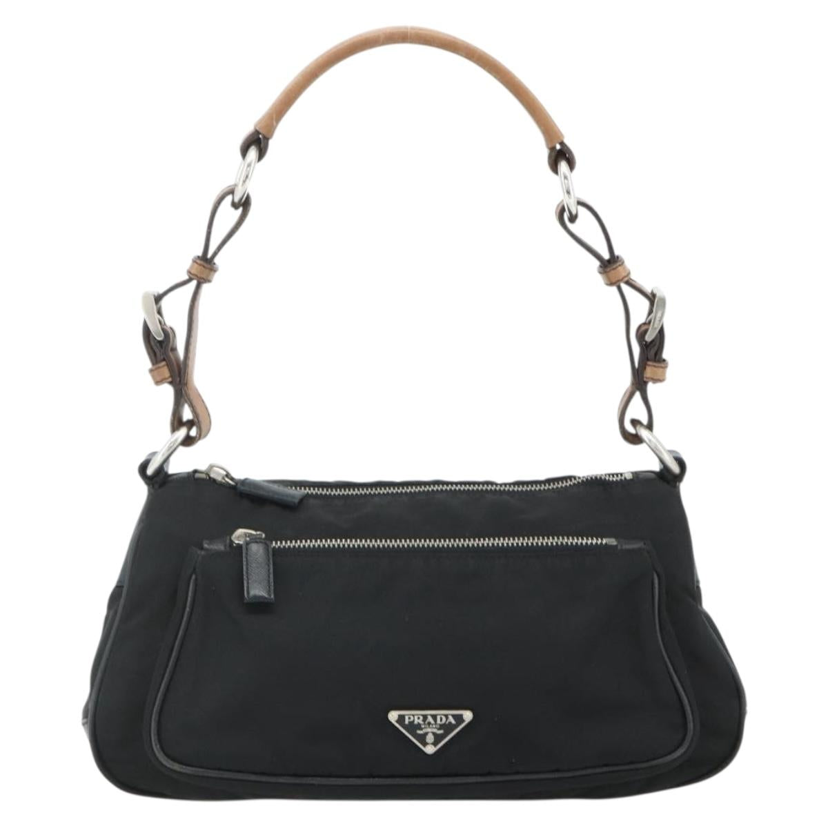 PRADA Shoulder Bag Nylon Leather Black Silver Auth mr2443A