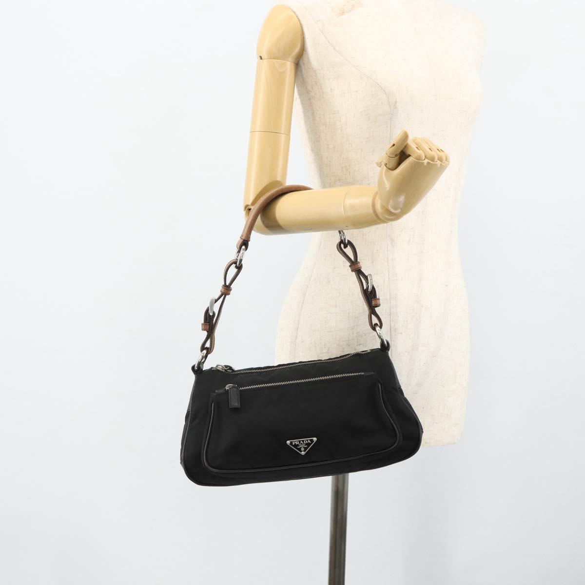 PRADA Shoulder Bag Nylon Leather Black Silver Auth mr2443A