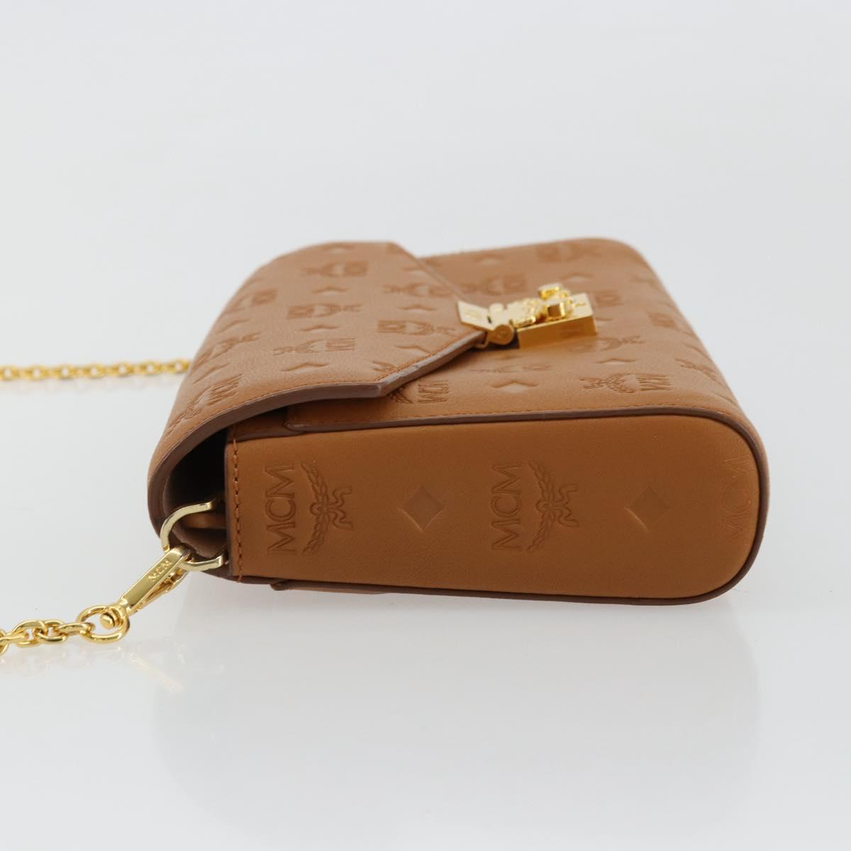 MCM Vicetos Logogram Chain Shoulder Bag Leather Brown Gold Auth mr2451V