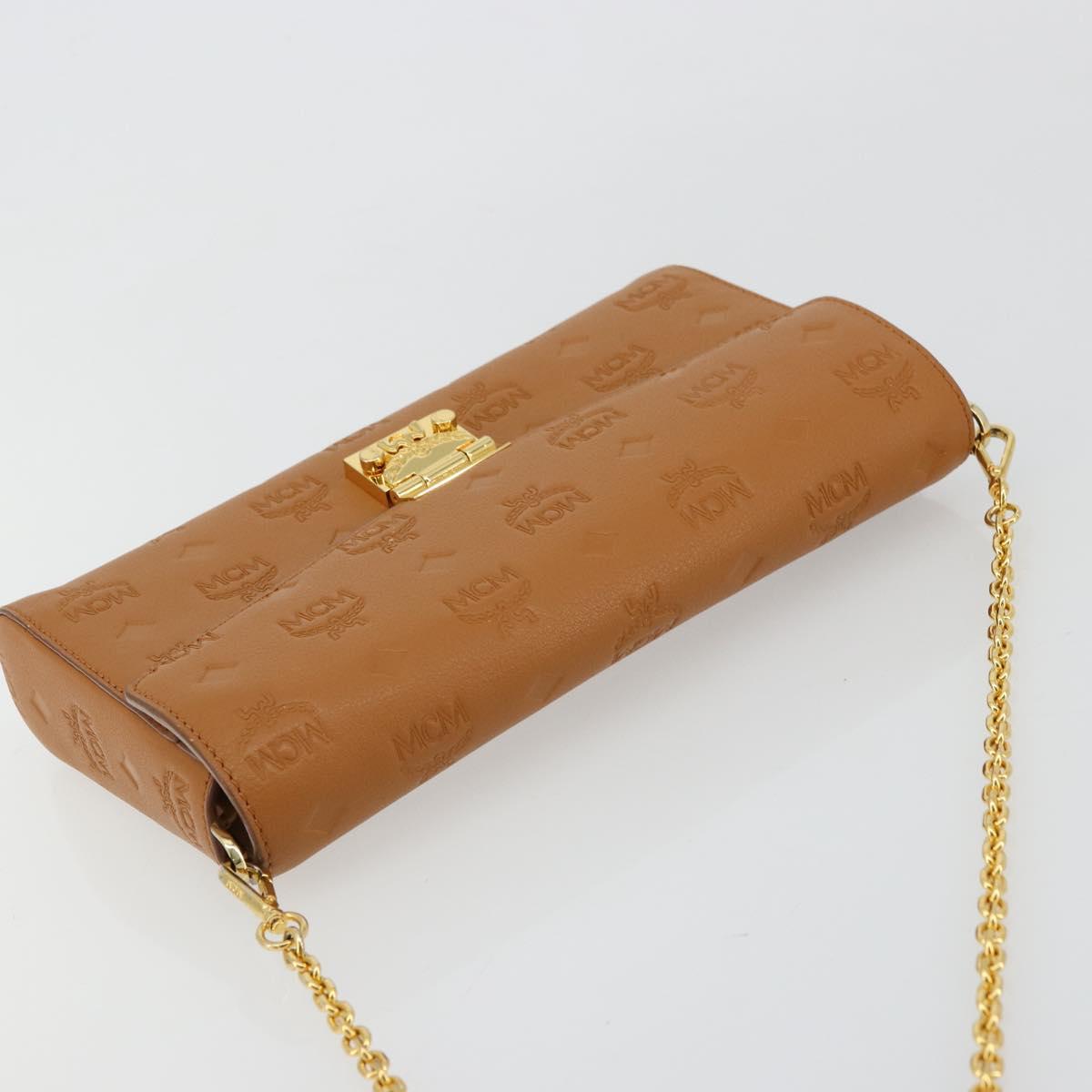 MCM Vicetos Logogram Chain Shoulder Bag Leather Brown Gold Auth mr2451V
