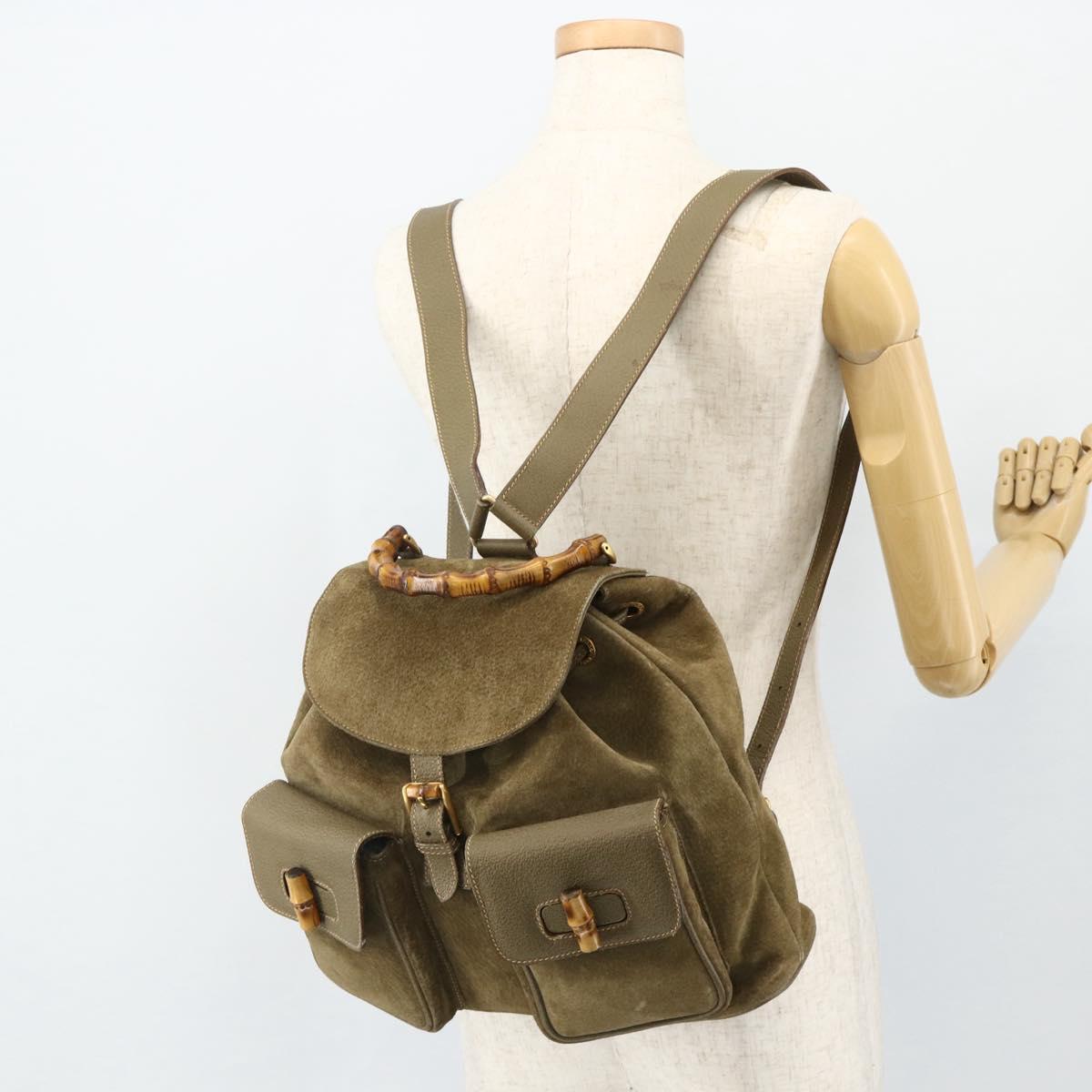 GUCCI Backpack Suede Khaki Gold 003 2058 0016 Auth mr2460A