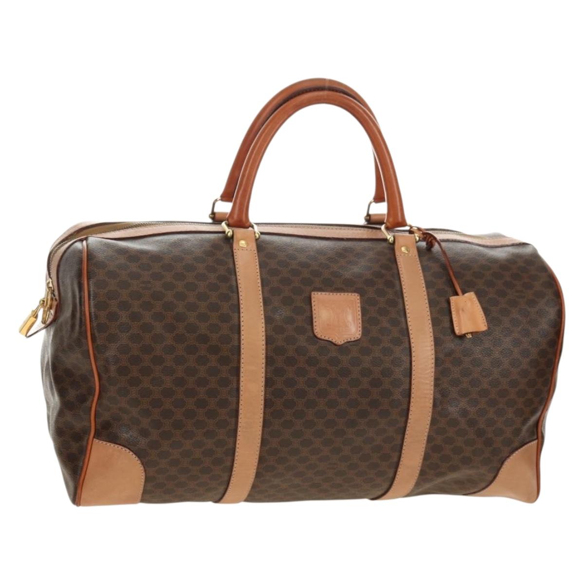 CELINE Macadam Canvas Boston Bag PVC Leather Brown Gold Auth mr2473