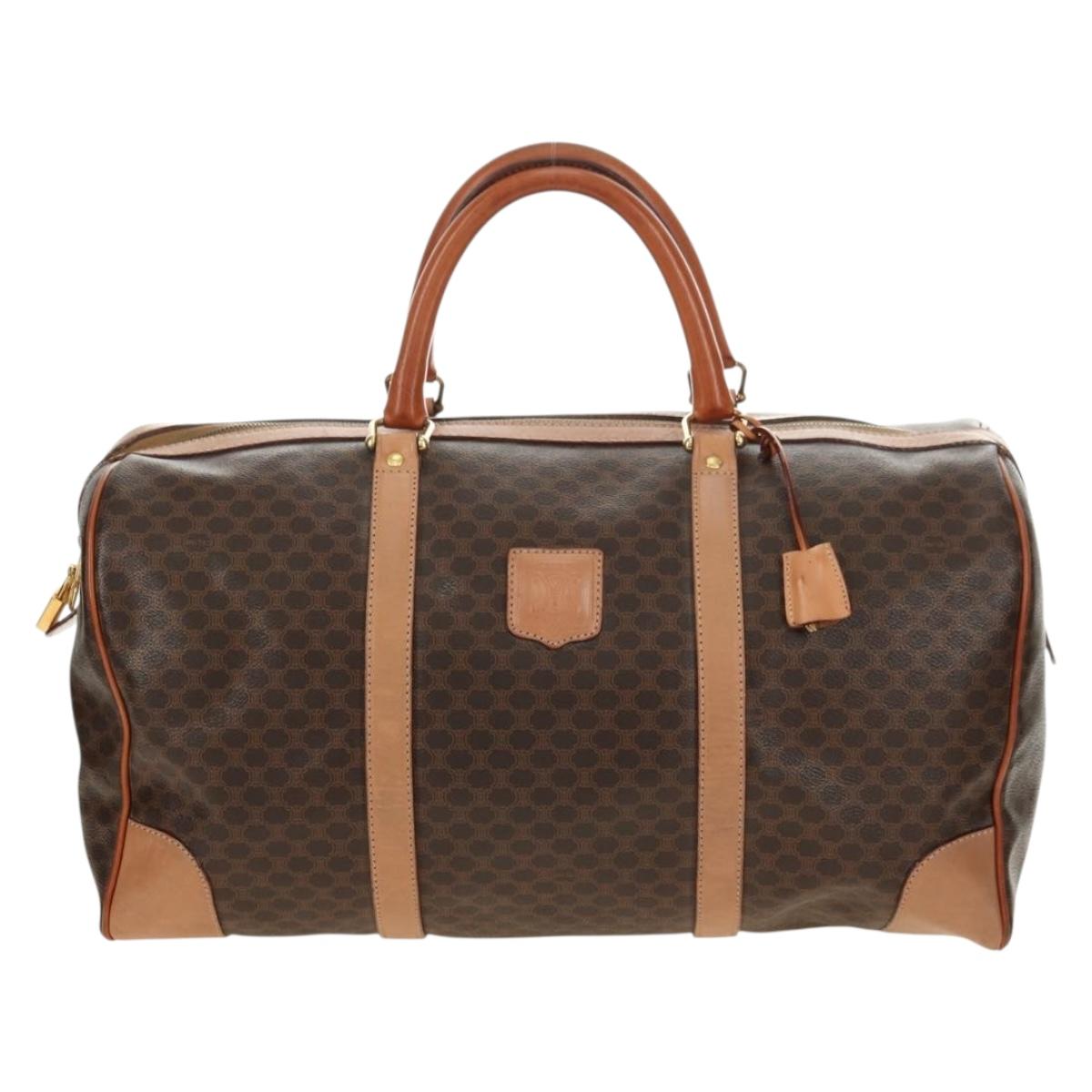 CELINE Macadam Canvas Boston Bag PVC Leather Brown Gold Auth mr2473