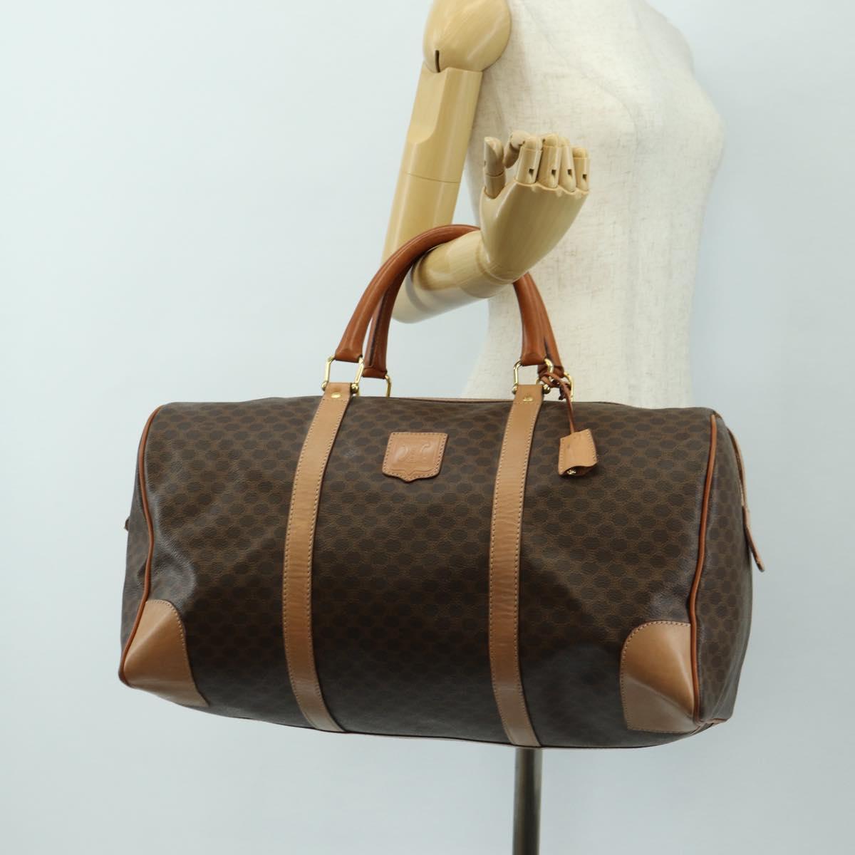 CELINE Macadam Canvas Boston Bag PVC Leather Brown Gold Auth mr2473