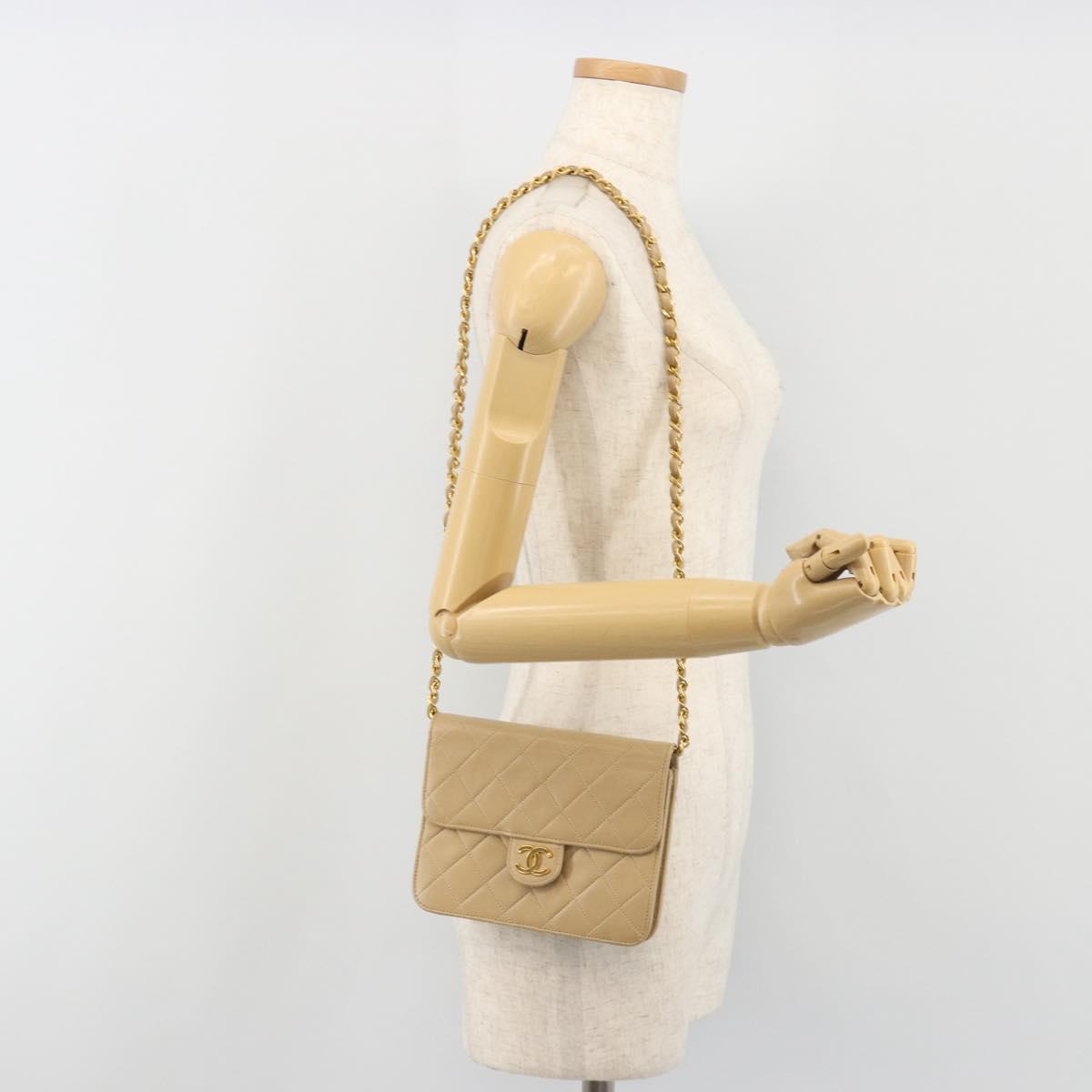 CHANEL Chain Shoulder Bag Lamb Skin Beige Gold CC Auth mr2475