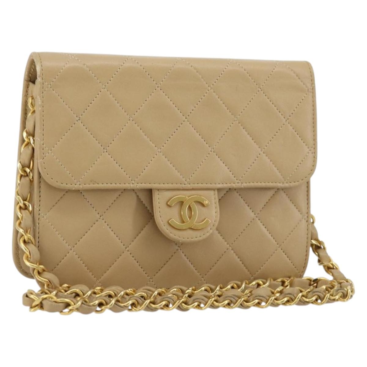 CHANEL Chain Shoulder Bag Lamb Skin Beige Gold CC Auth mr2475V