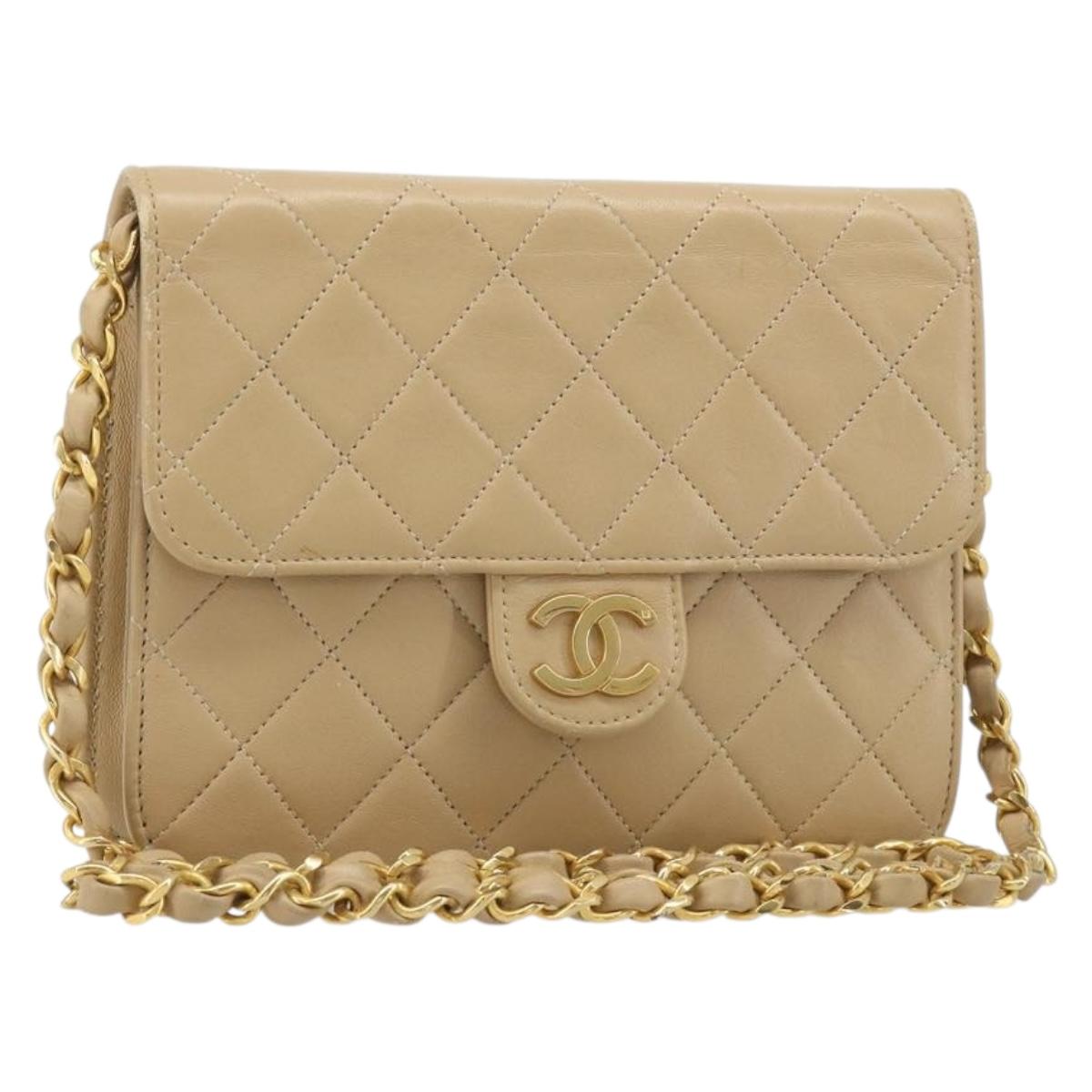 CHANEL Chain Shoulder Bag Lamb Skin Beige Gold CC Auth mr2475V