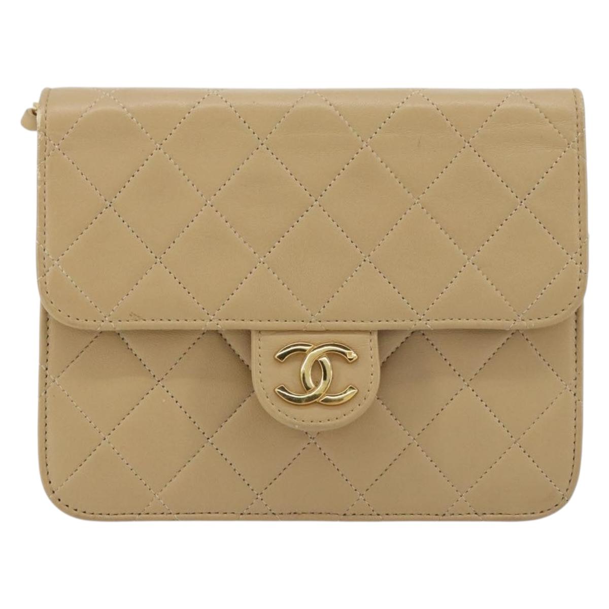 CHANEL Chain Shoulder Bag Lamb Skin Beige Gold CC Auth mr2475V